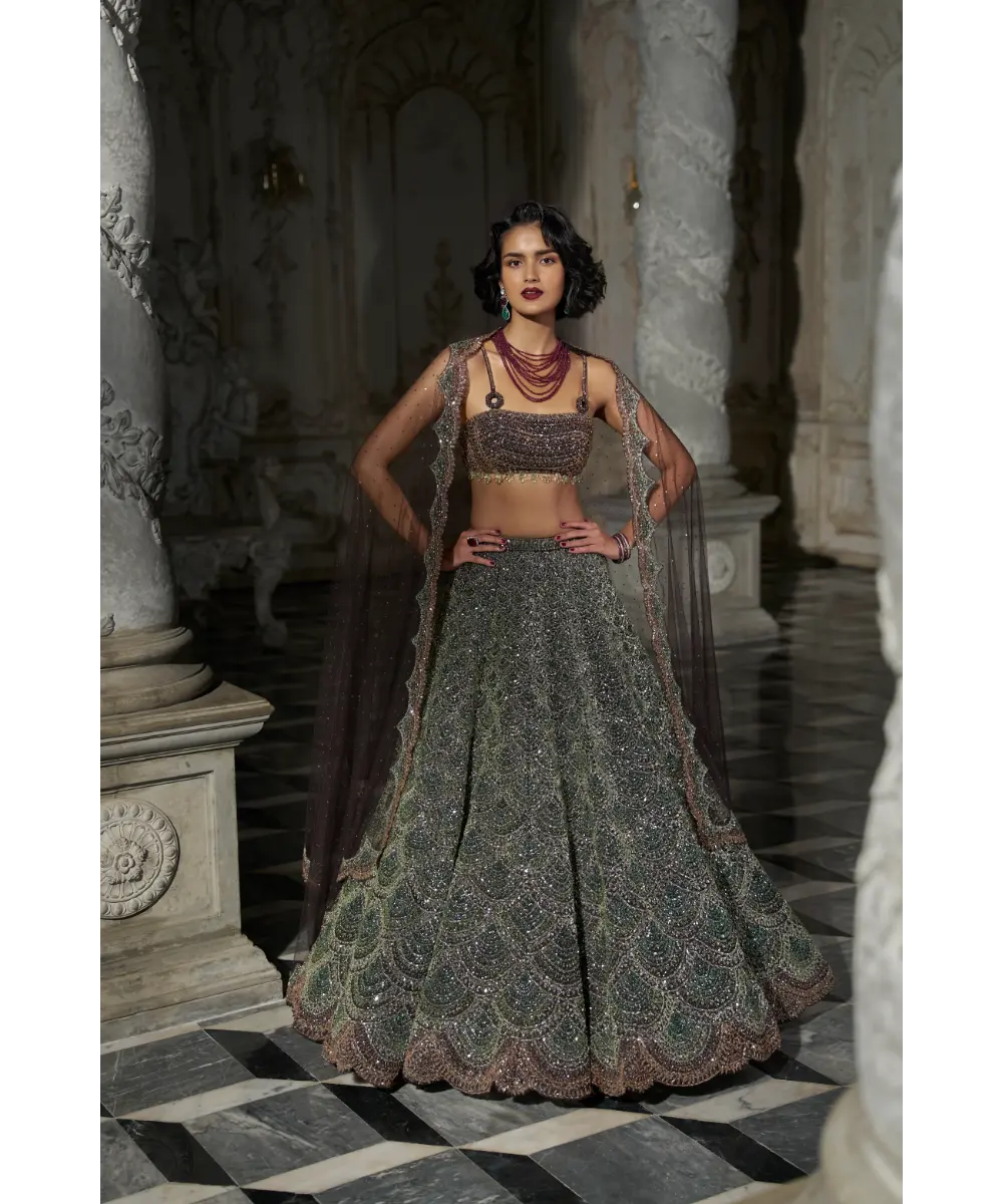 SEEMA GUJRAL- Emerald Green Scalloped Lehenga Set